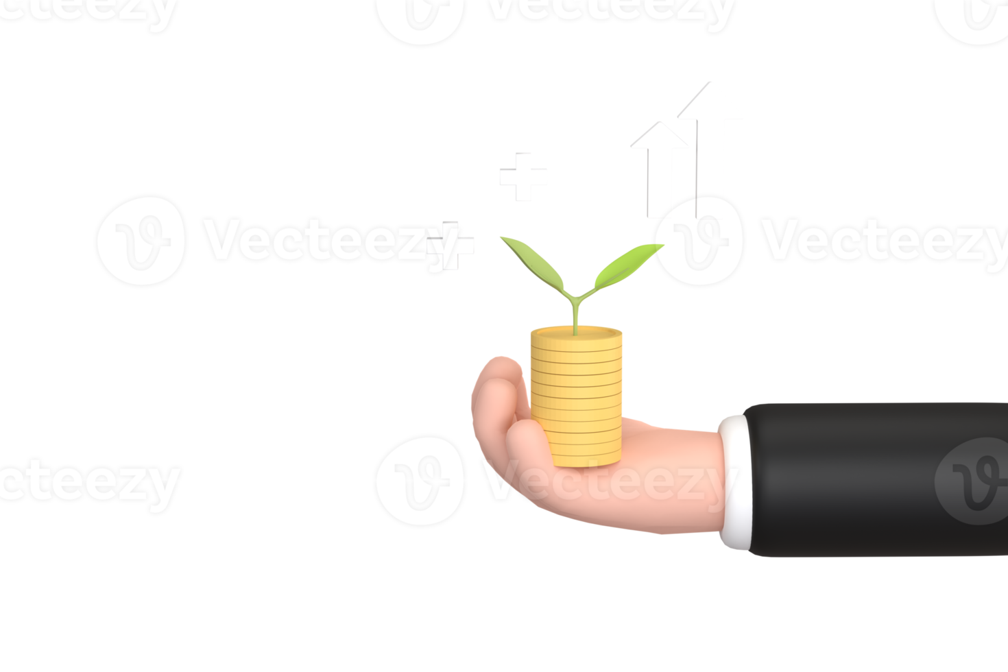 Cartoon businessman in a business suit holding a pot with a growing money tree holding a pile of coins, png