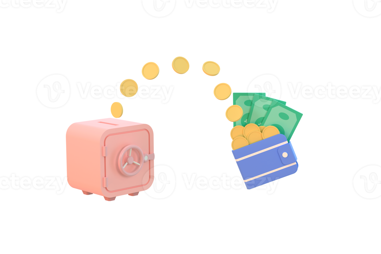 monedas y billetes y caja fuerte. concepto de ahorro y gasto de dinero png