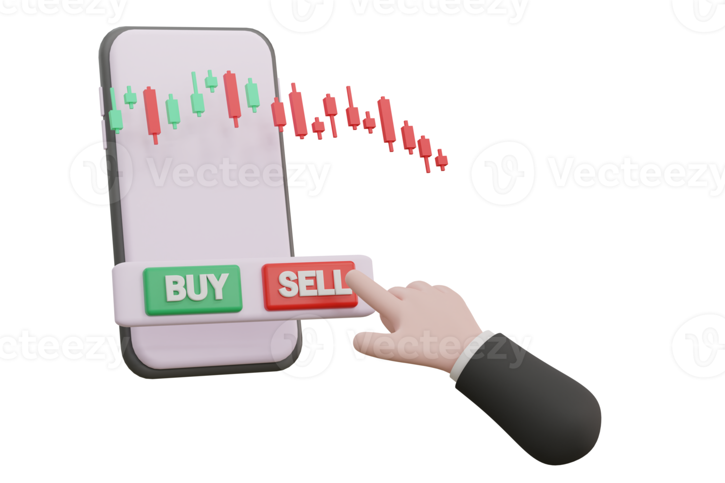 azione mercato attività commerciale scena. spingendo verde acquistare pulsante su smartphone. i soldi e mondo economia concetto. png