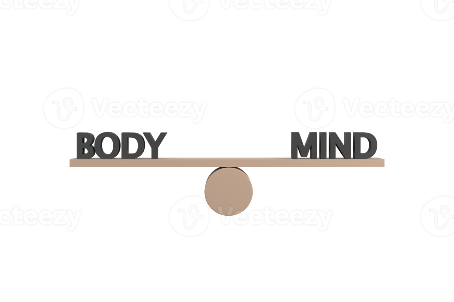 3D. words body and mind on wooden seesaw balancing on white background png