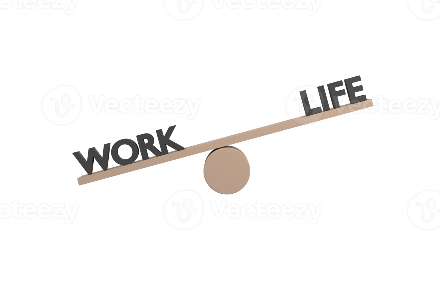 3d. Wörter Arbeit und Leben auf hölzerner Wippe, die auf weißem Hintergrund aus dem Gleichgewicht gerät png