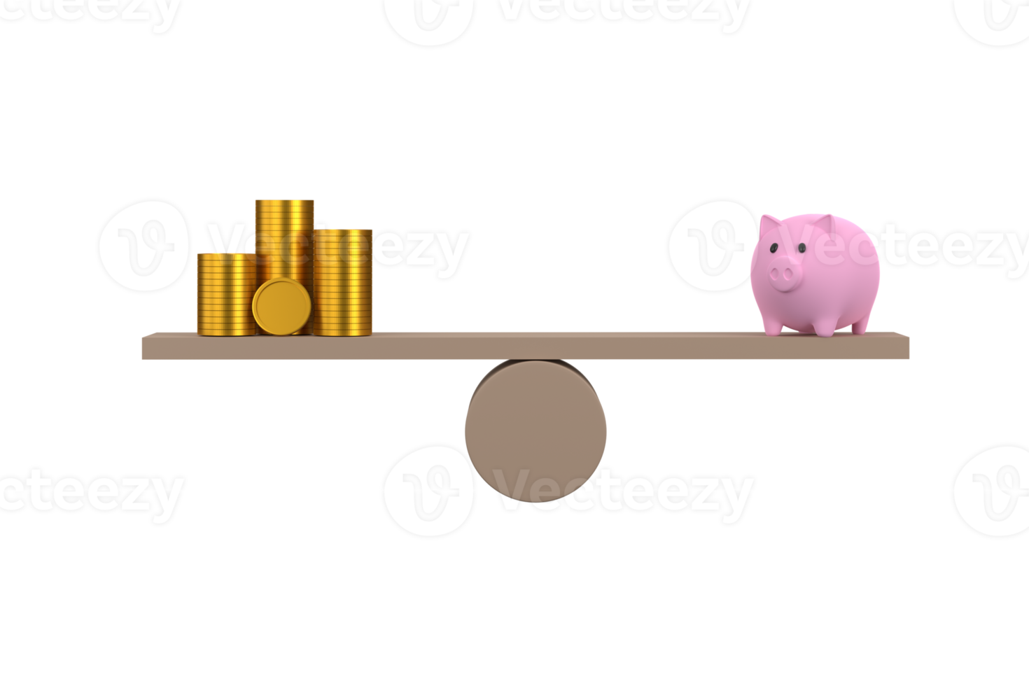 3D. money coins stack and piggy bank on wood seesaw balancing. Saveing concept png