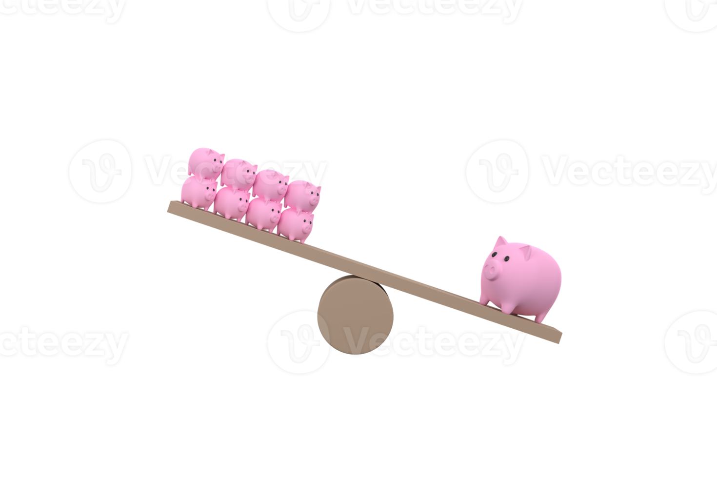 3D. piggy bank on wood seesaw unbalancing. Saveing concept png