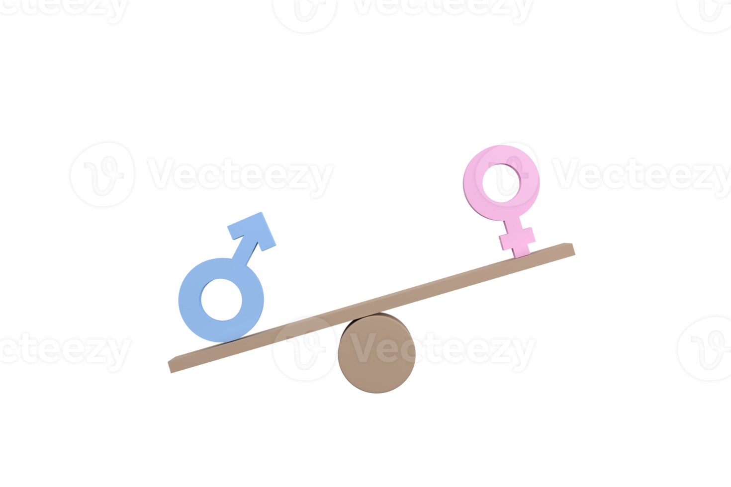 3d. Konzept der Gleichstellung der Geschlechter. Geschlechtssymbole, die auf einer hölzernen Wippe aus dem Gleichgewicht geraten. png