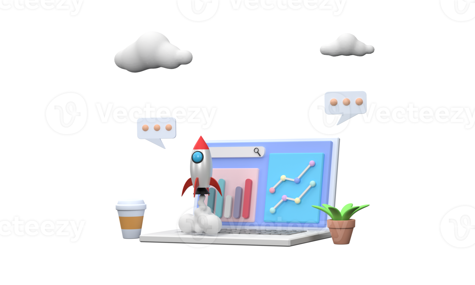 3d. computadora portátil que muestra un gráfico de negocios un cohete se elevó en el cielo. concepto de puesta en marcha, png