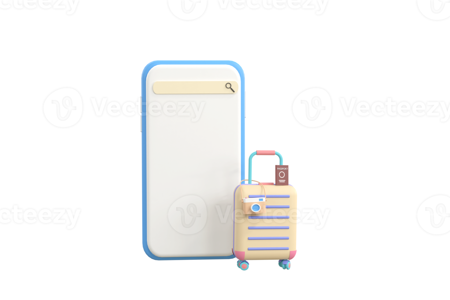 3d . Suitcase, camera with smartphone. travel concept. png