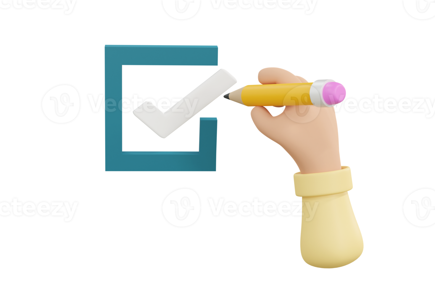 3D. Cartoon hand Checklist concept, checking mark on the check boxes with marker png