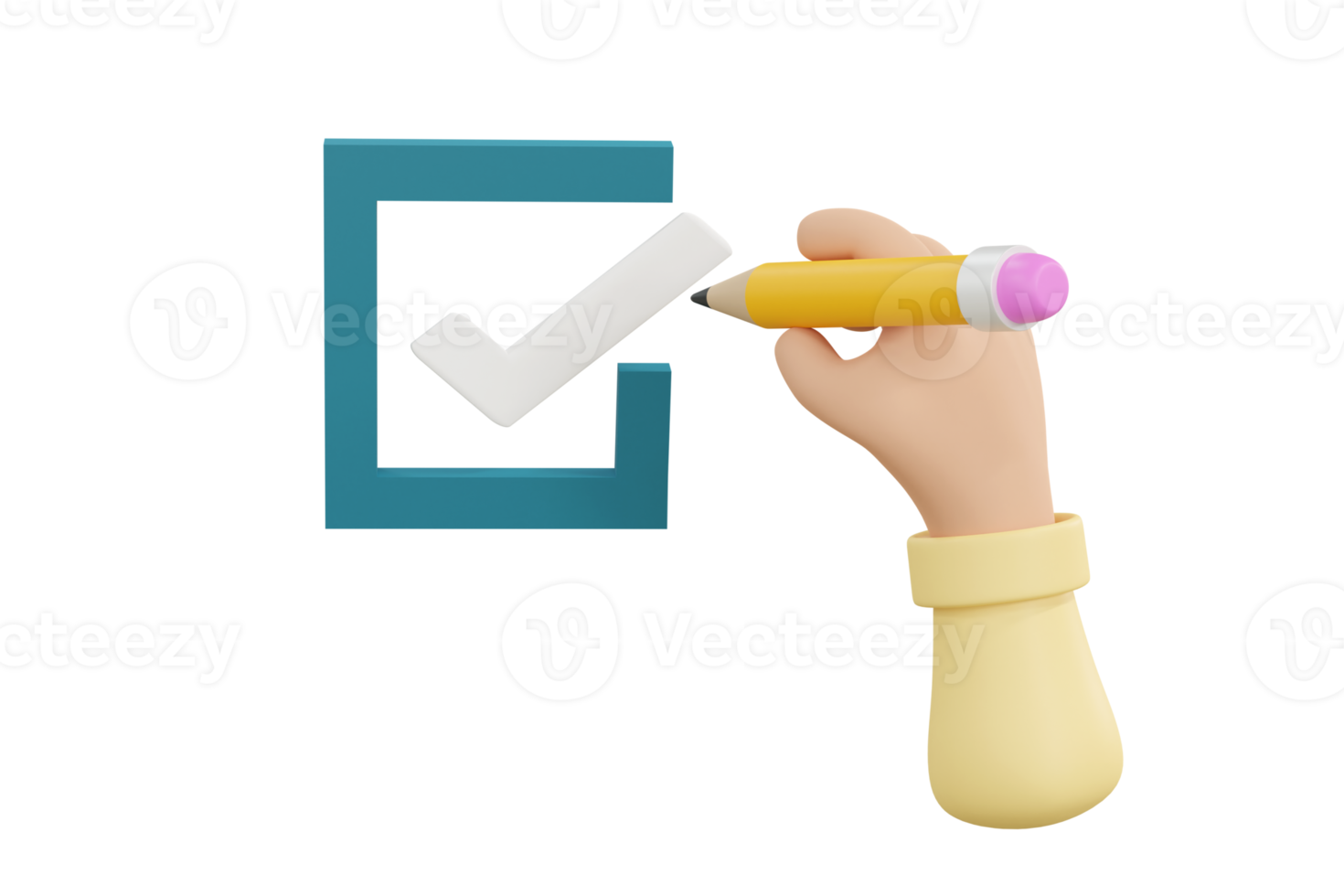 3d. tekenfilm hand- checklist concept, controle Mark Aan de controleren dozen met markeerstift png