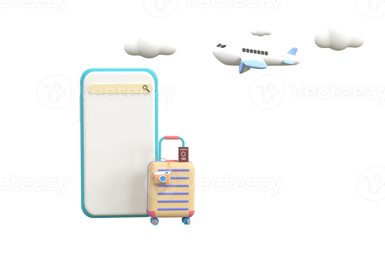 3d . Suitcase, camera with smartphone. travel concept. png