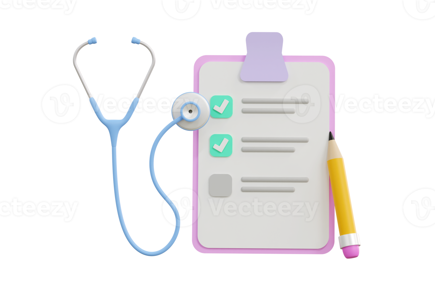 3D. Stethoscope and notes on blue background, health check concept. png