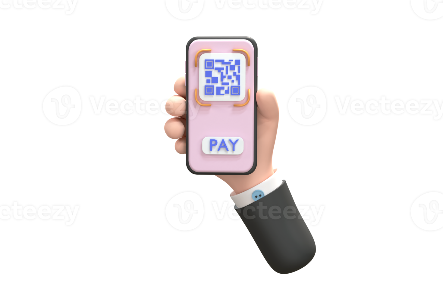 3D. QR code scanning icon in smartphone. hand holding Mobile phone, barcode scanner for pay. png