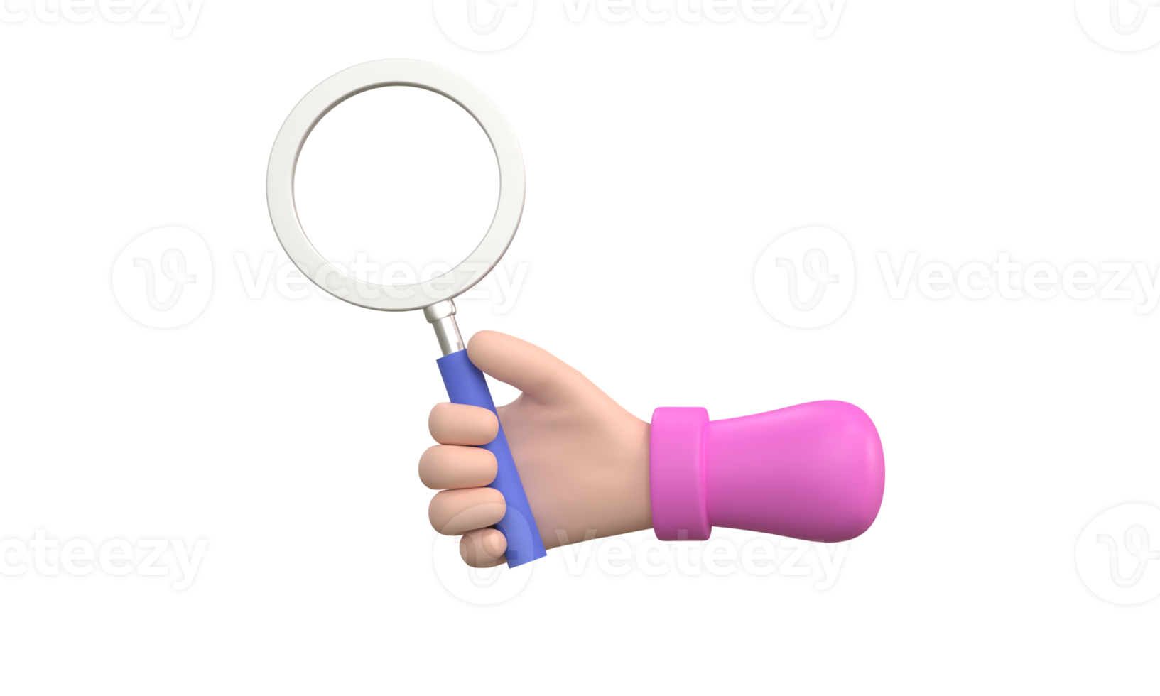 3D. Cartoon hand holding magnifying glass isolated png