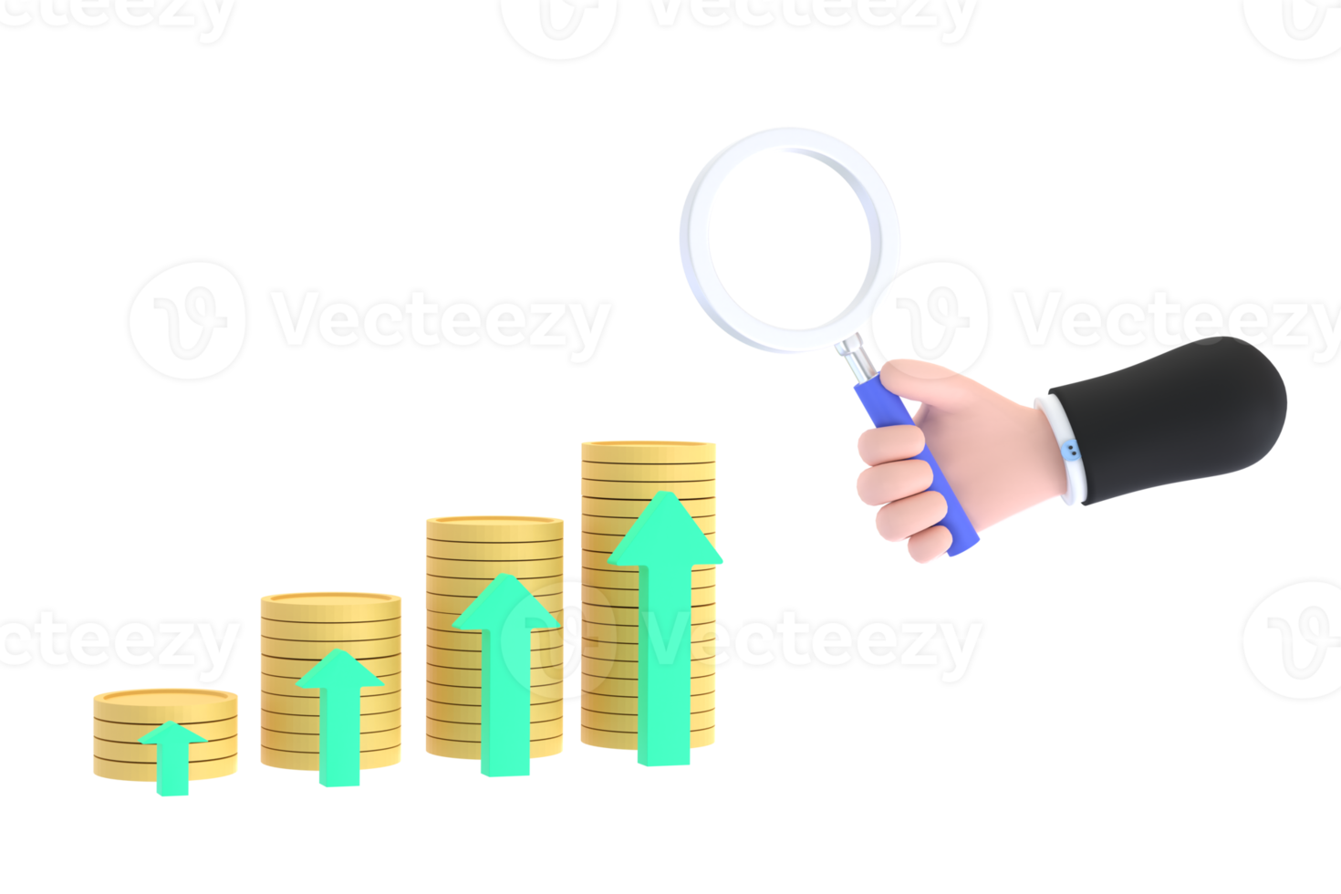 3D. Cartoon hand holding magnifying glass and pile of coins, investment ideas finance. png