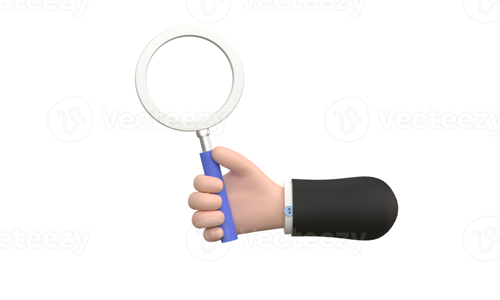 3D. Cartoon hand holding magnifying glass isolated png