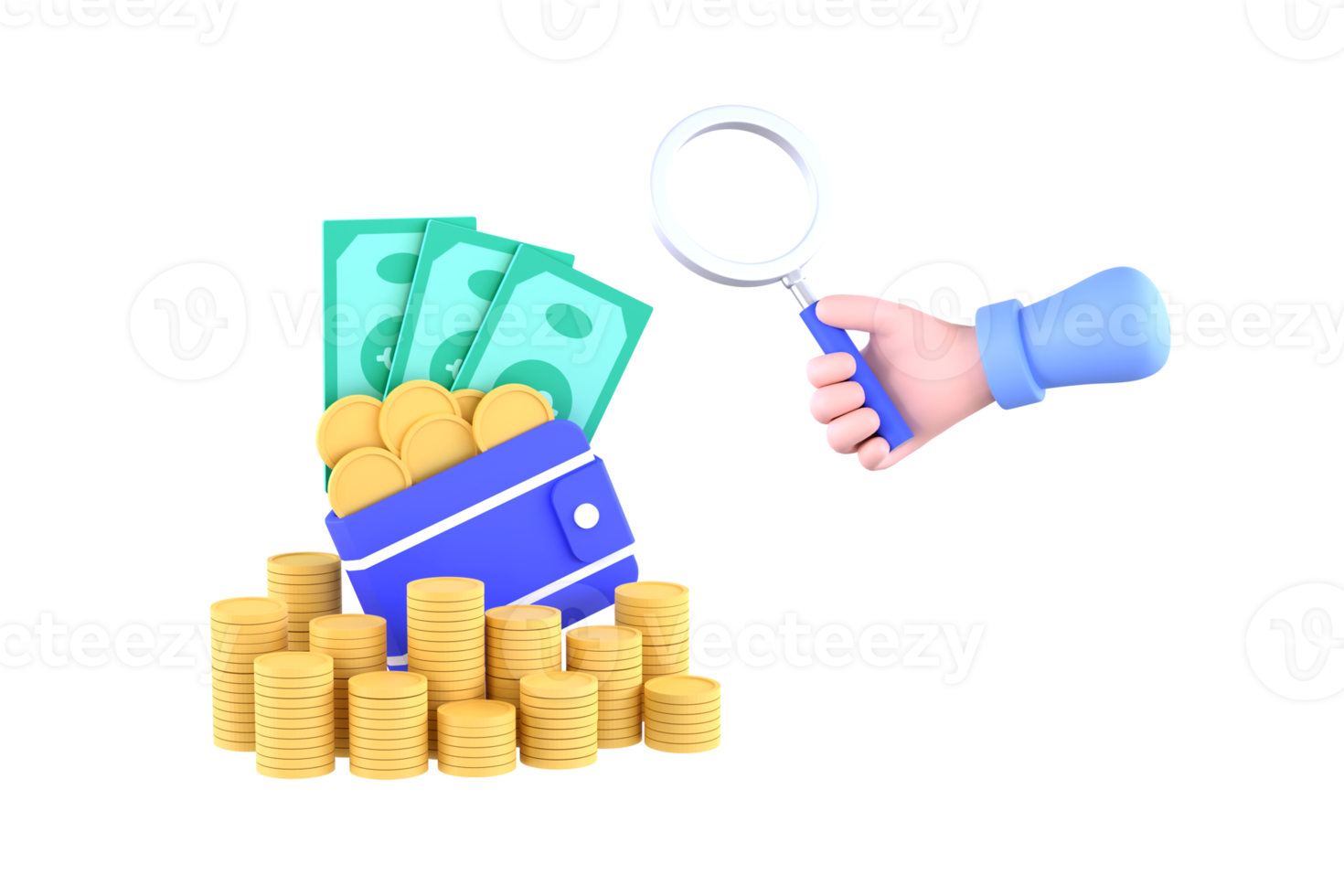 hand holding magnifying glass Banknotes and coins in wallet with a pile of coins on a pink background. png