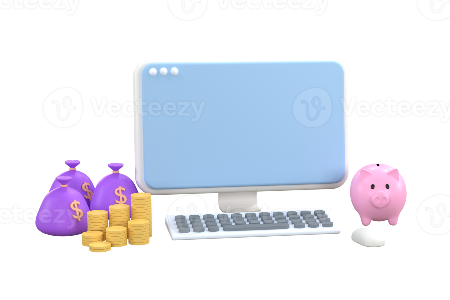 3D. A computer, a piggy bank and a pile of coins with a bag of money. online money making ideas png