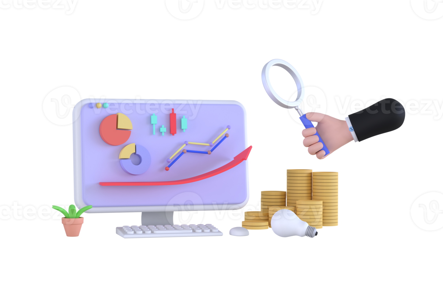 3D. hand holding magnifying glass and computer and stock chart, investment, coin and purse. financial concept png