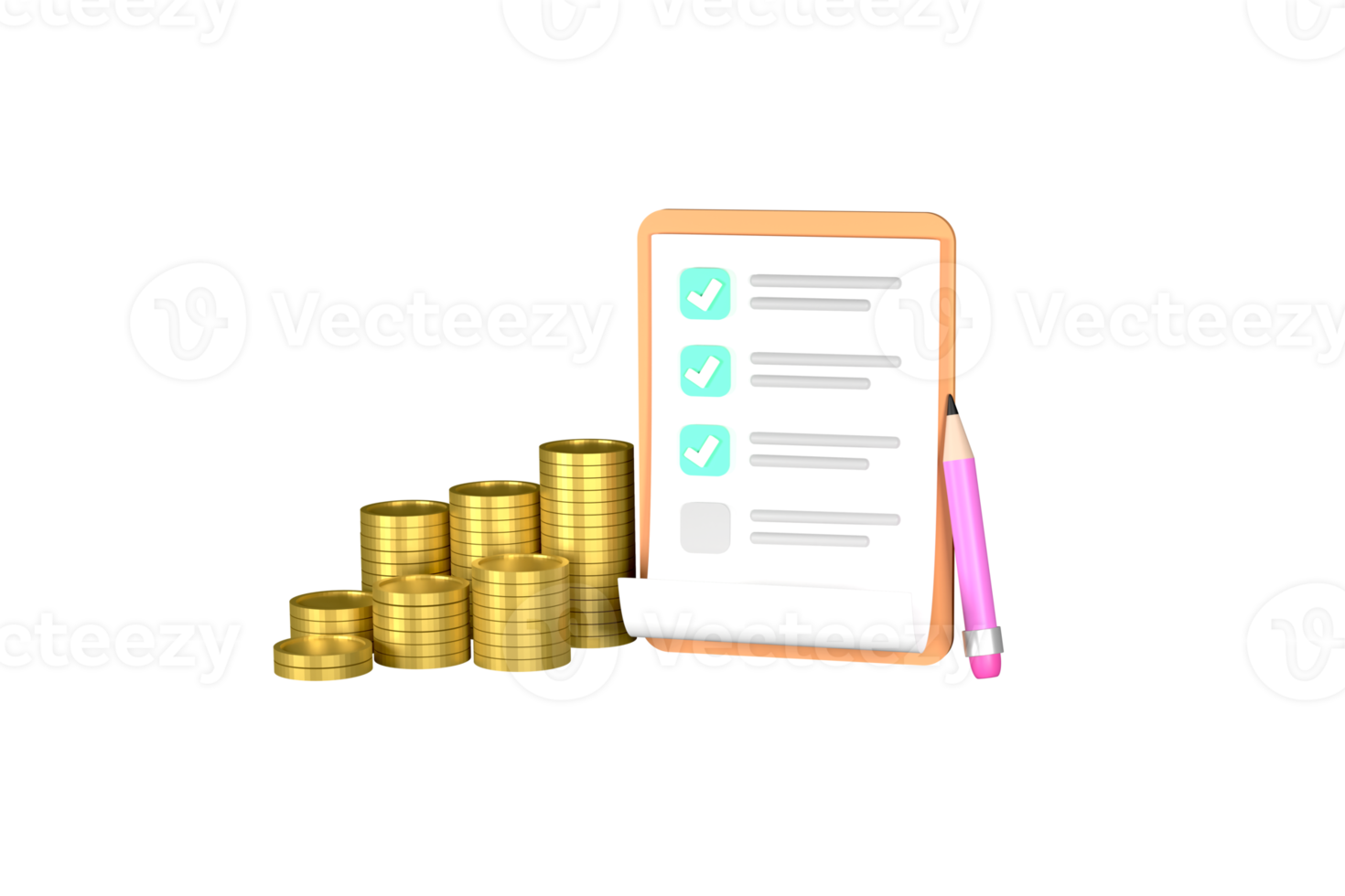 check list with clipboard, check mark, pile money coins isolated. png