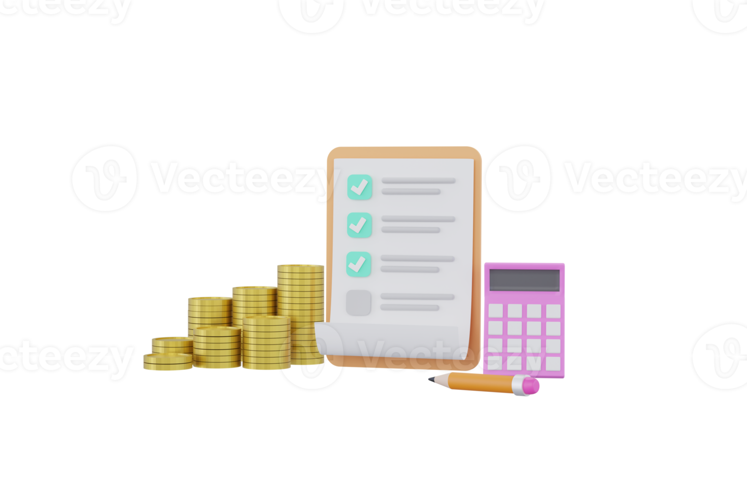 lista de verificación con portapapeles, marca de verificación, pila de monedas de dinero aisladas. png