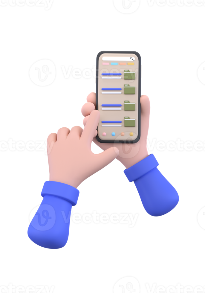 File download button on smartphone screen. Hand holds smartphone, finger touches button. png