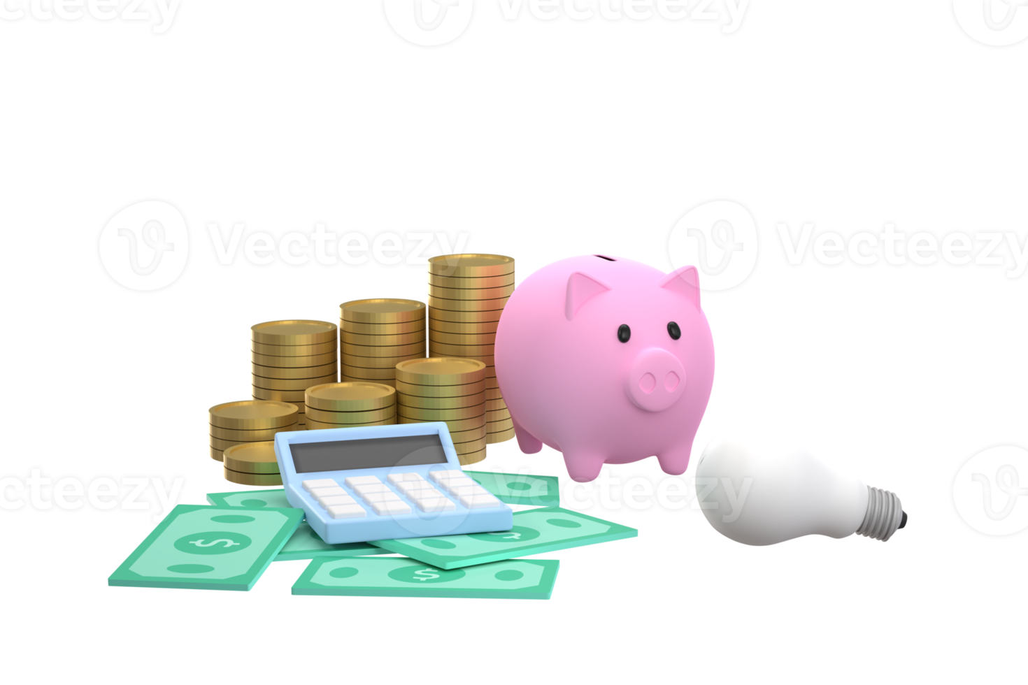 Piggy bank, stacks of coins, banknotes and calculators. savings and investment ideas png