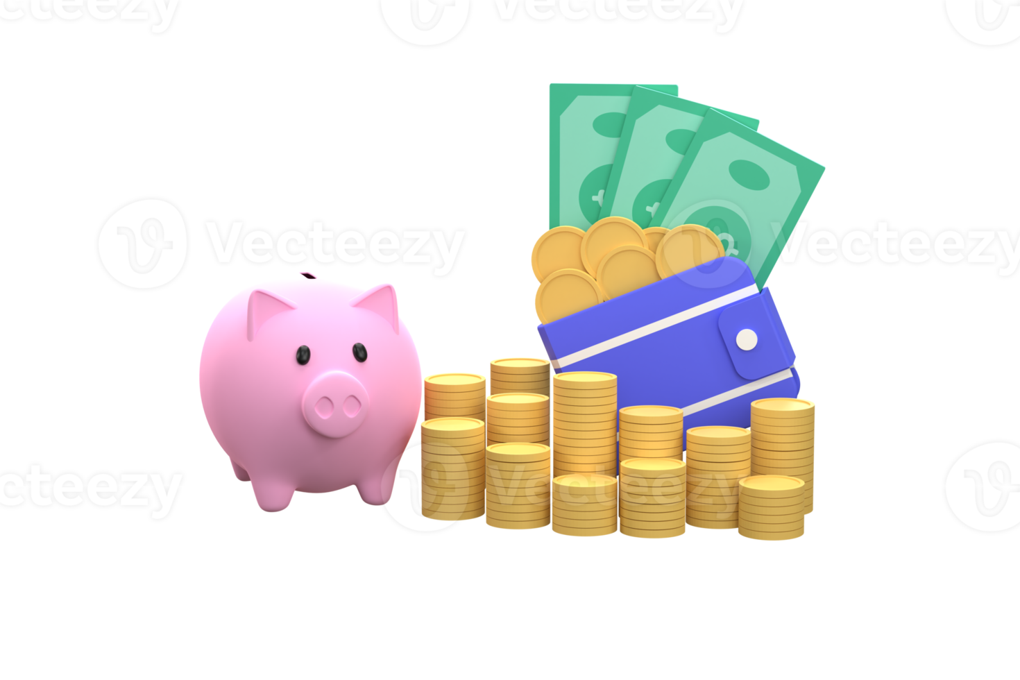 Banknotes and coins in wallet with piggy bank. savings idea. png