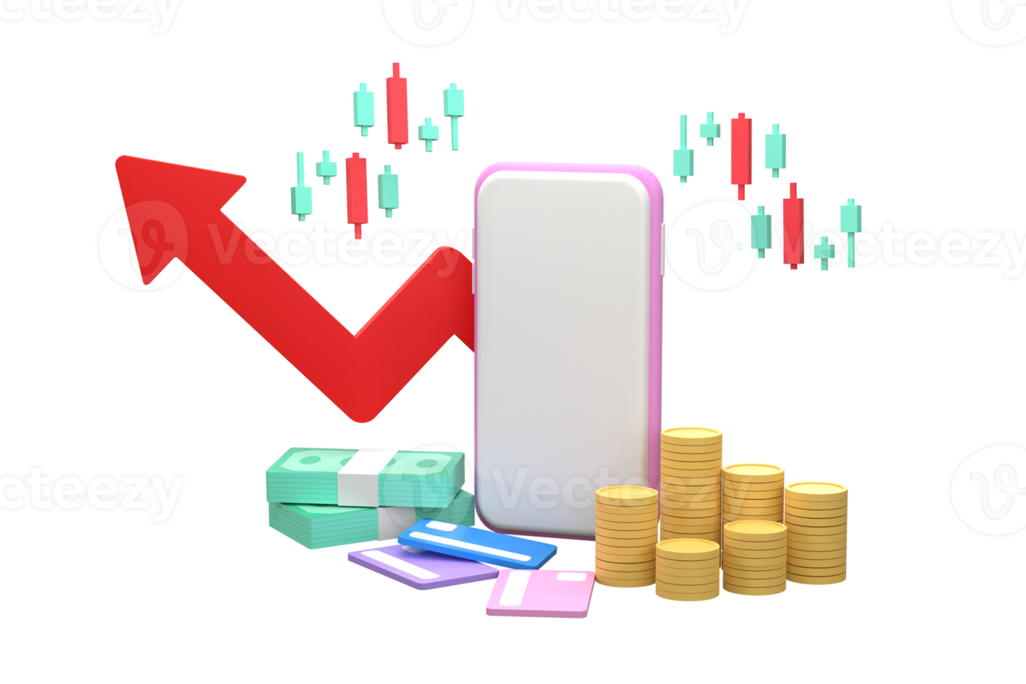 Smartphone screen, stock chart and coins, credit card. Business Financial online. png