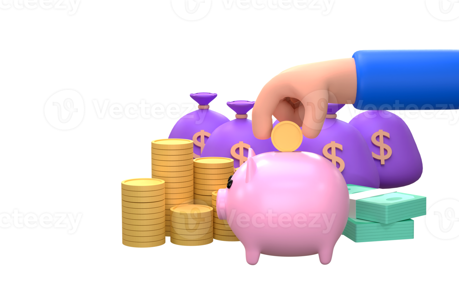 cartoon hand drop piggy bank saving money. Business finance planner. png