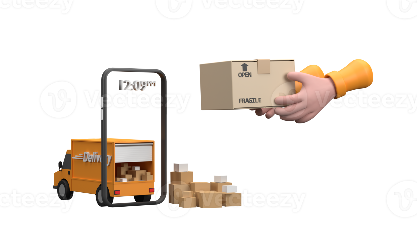 3D. Cartoon express delivery. Courier takes box out of van. Phone with delivery app. png