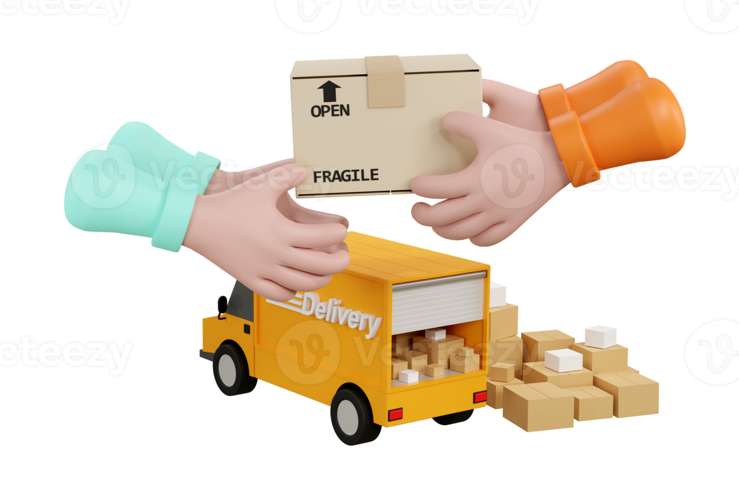 3D. Cartoon hand accepting a delivery of boxes from deliveryman. png