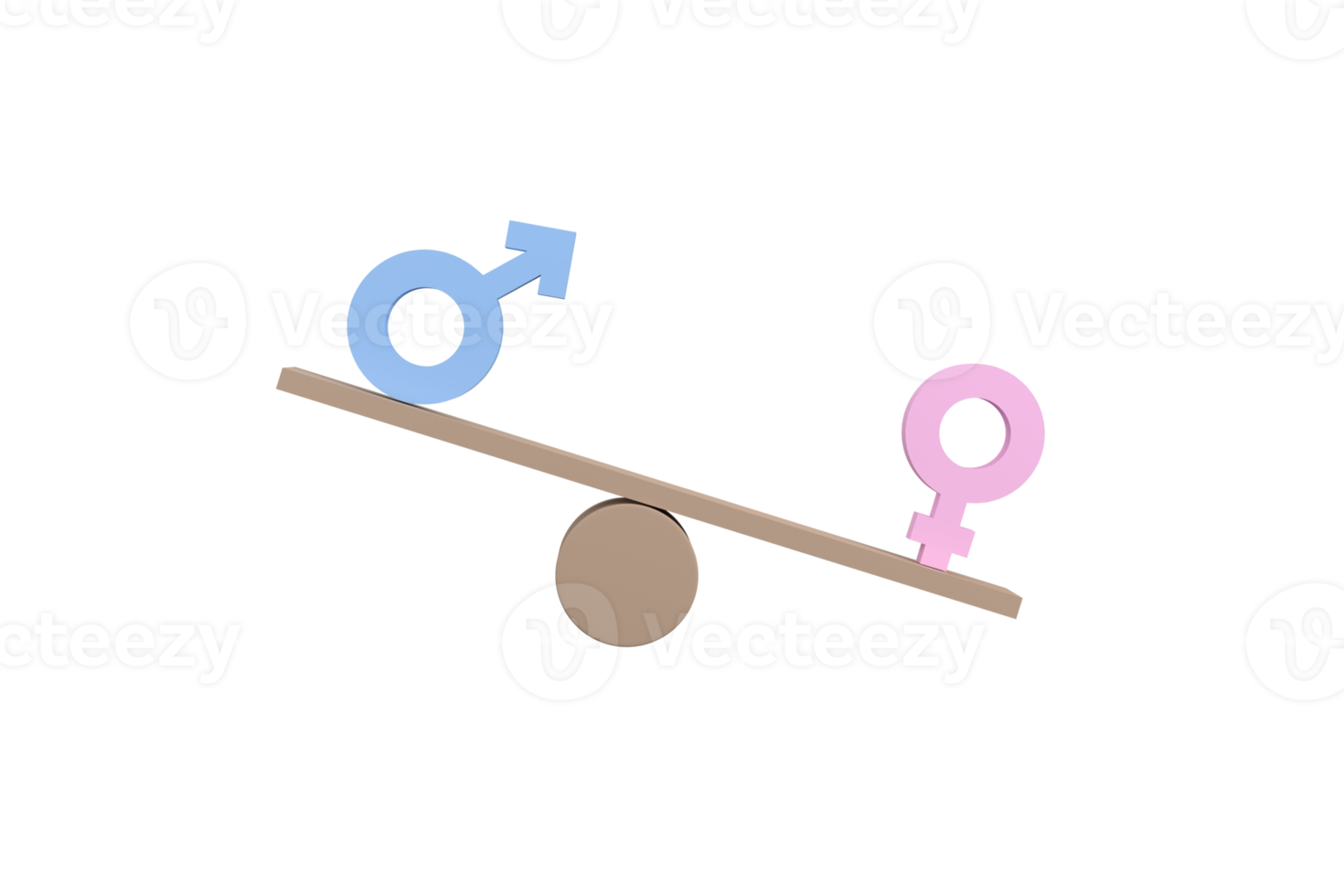 3D. Gender equality concept. Gender symbols unbalancing on wooden seesaw. png