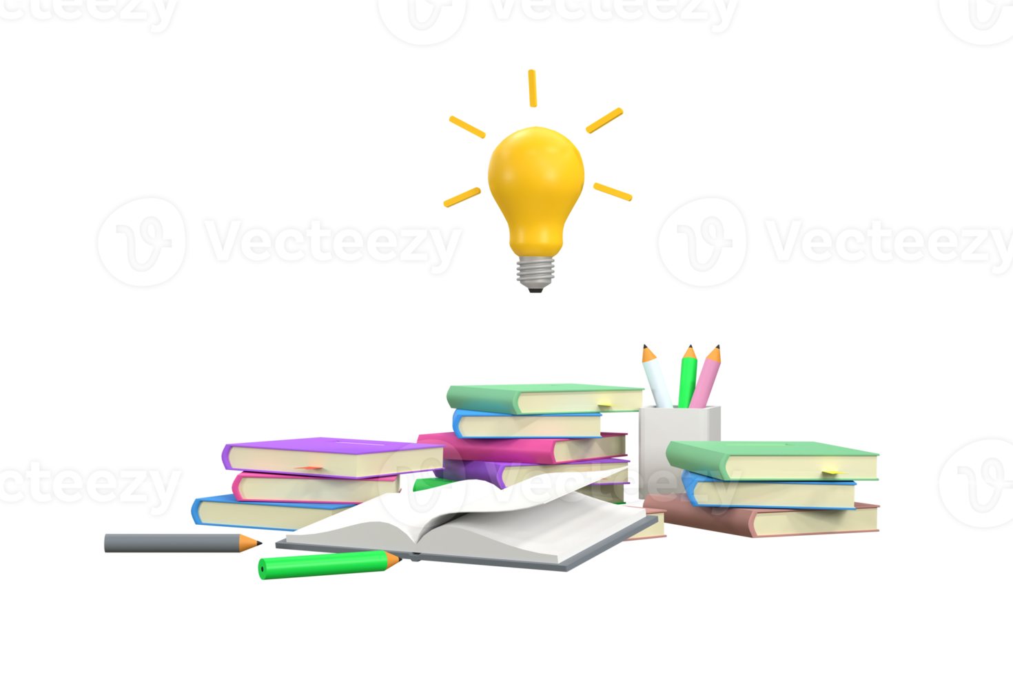 3d. en lugg av böcker, pennor, inlärning pekar på ett pedagogisk berättelse, och en ljus Glödlampa representerar ett aning, inlärning. png