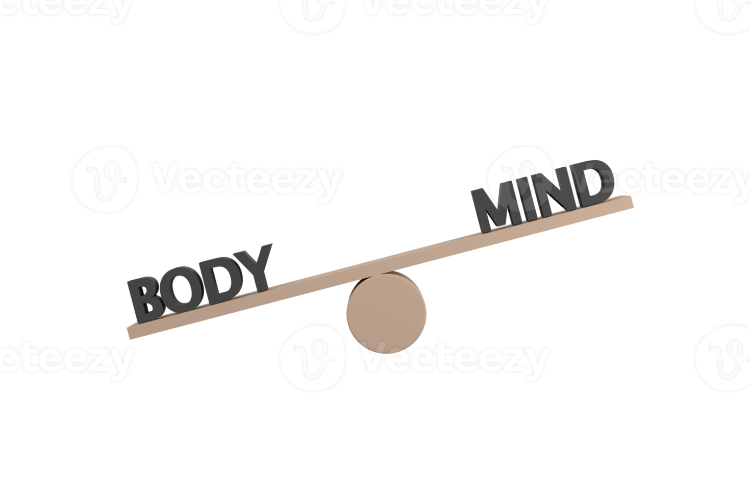 3D. words body and mind on wooden seesaw unbalancing on white