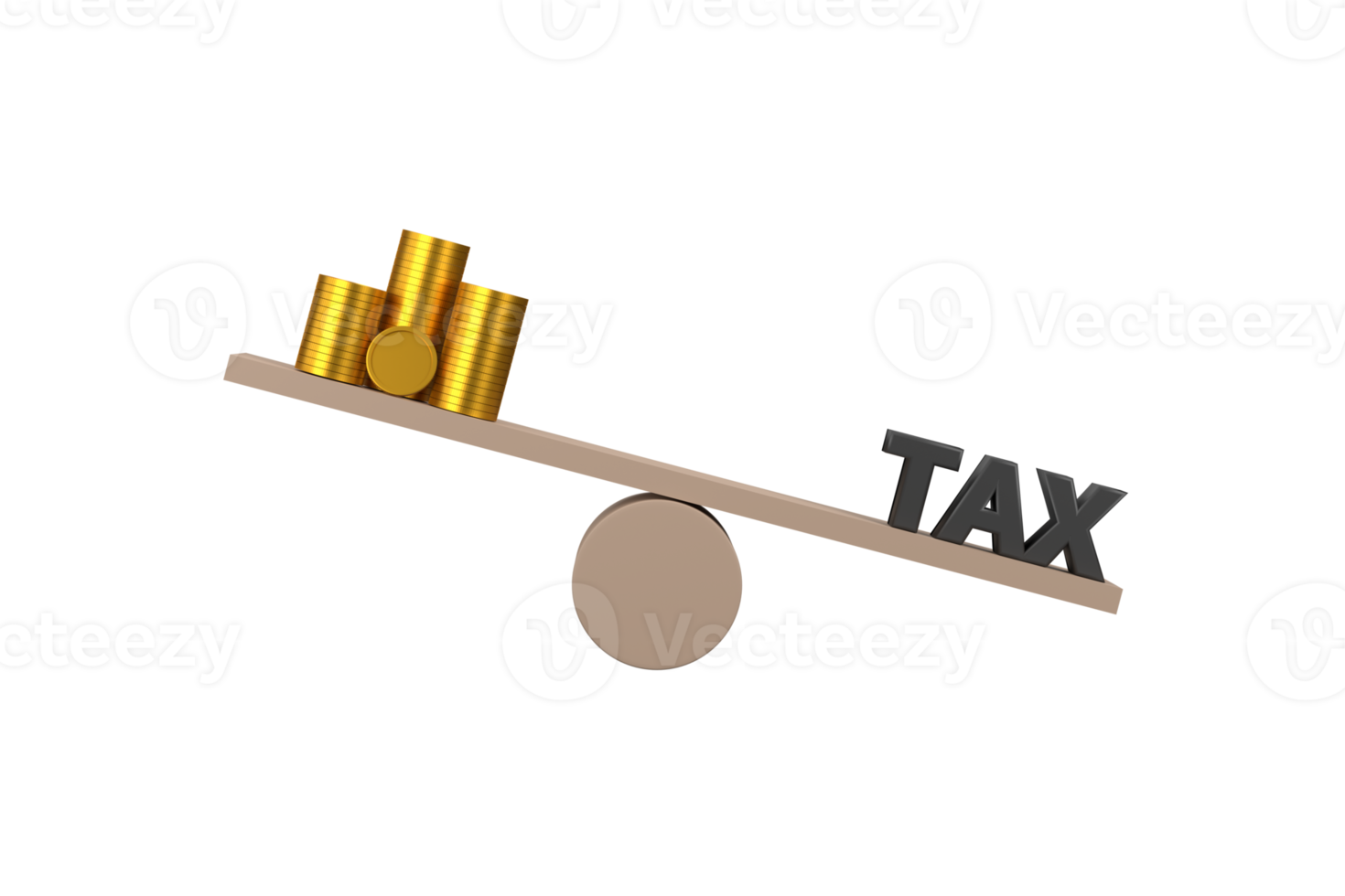 3D. Golden money and wooden cube block tax on seesaw for unbalance of earning or income and government tax deduction. png