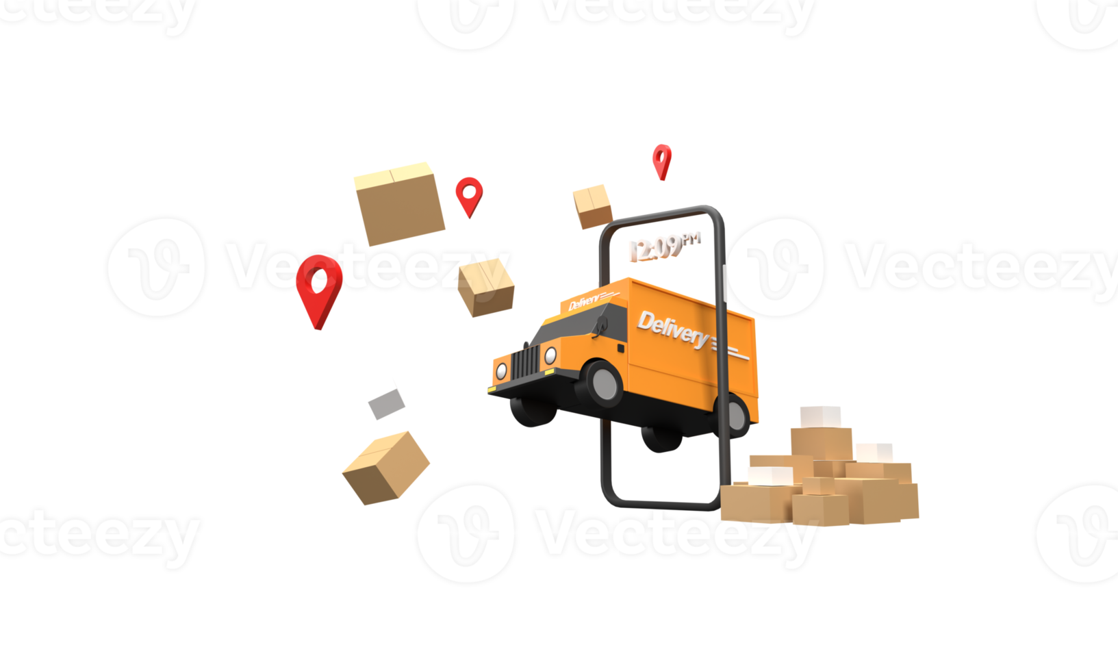 3D. A delivery truck coming out of a mobile phone. Ready to ship spreed Online shopping, delivery. png