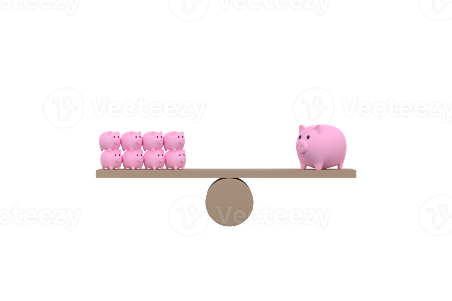 3d. Sparschwein auf Holzwippe balancieren. Sparkonzept png