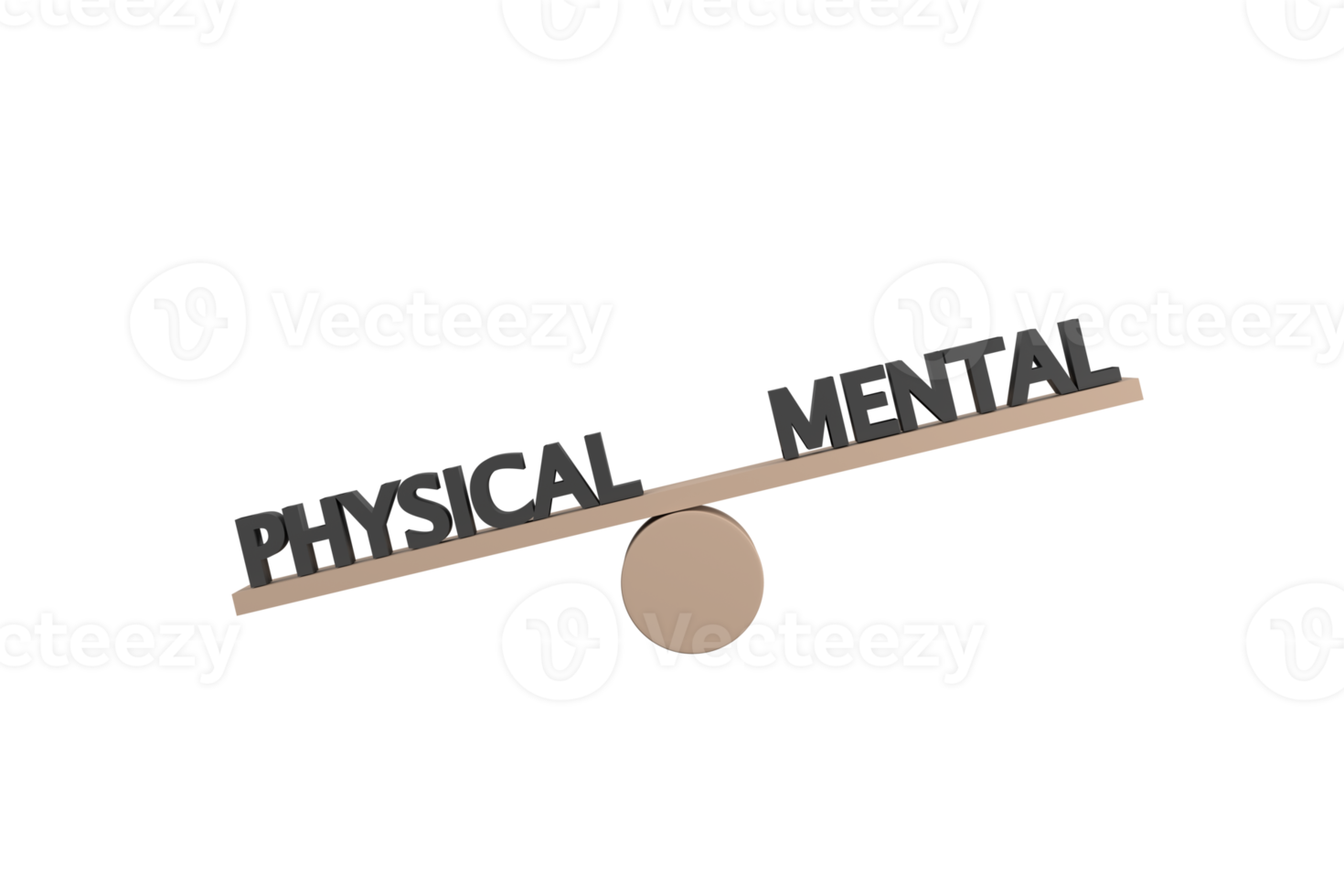 3D. words physical and mental on wooden seesaw unbalancing on white background png