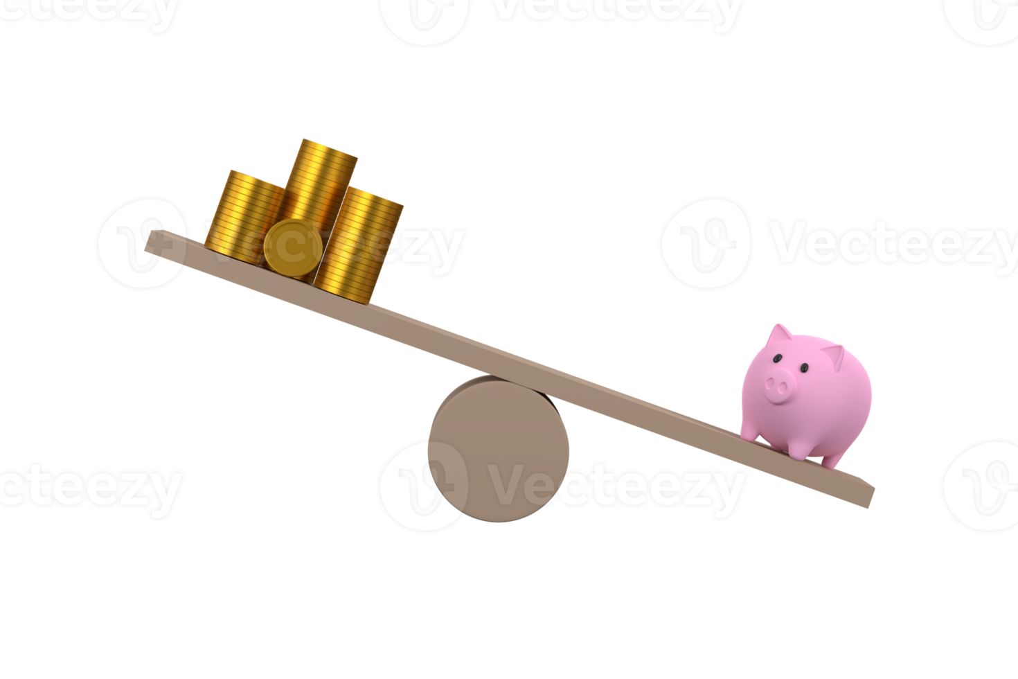 3D. money coins stack and piggy bank on wood seesaw unbalancing. Saveing concept png