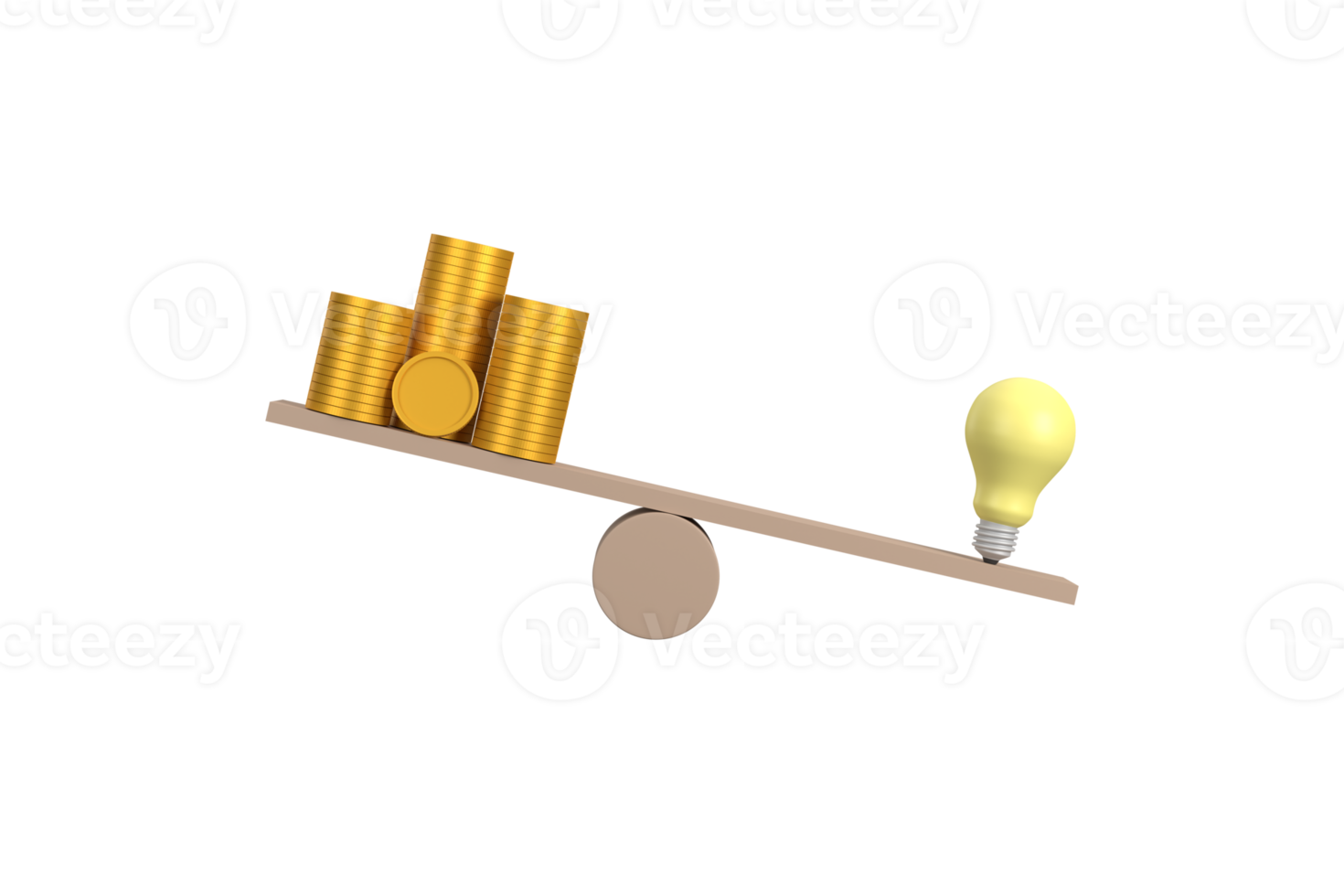 3D. Coin stack compare light bulb idea on wood scale seesaw. Money gold coin compare unbalance with knowledge concept. png