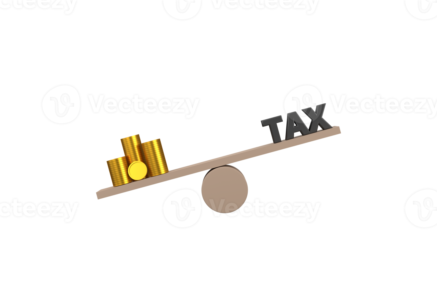 3D. Golden money and wooden cube block tax on seesaw for 3D. unbalance of earning or income and government tax deduction. png