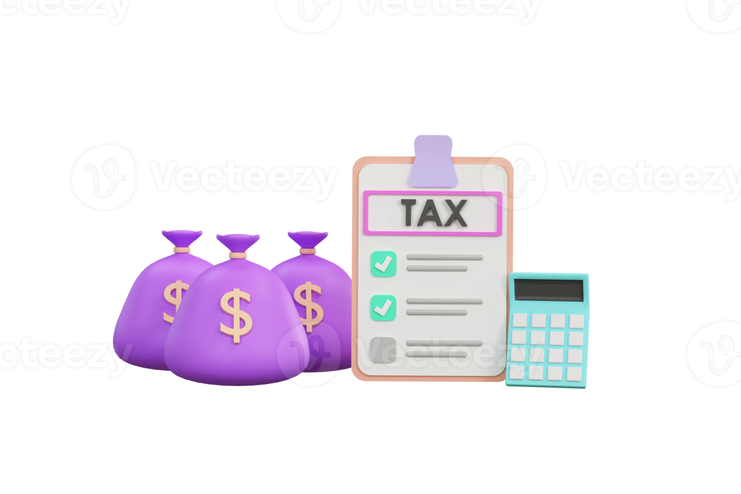3D. isometric checklist tax on clipboard paper and money bag. png