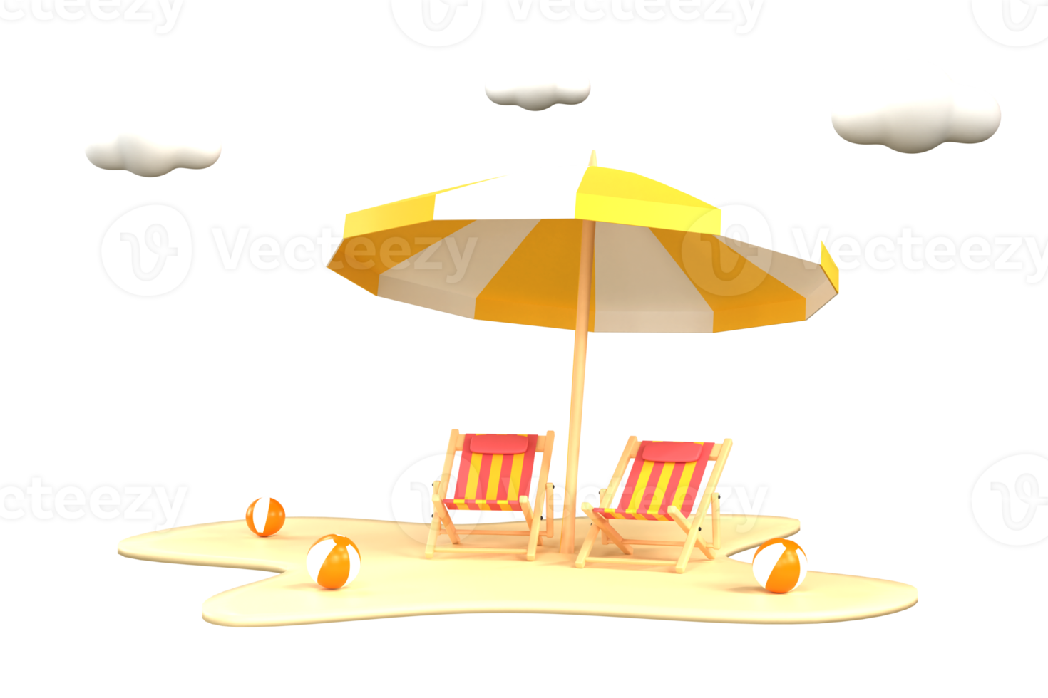 3D. Beach umbrella with beach chairs on pastel colors background. png