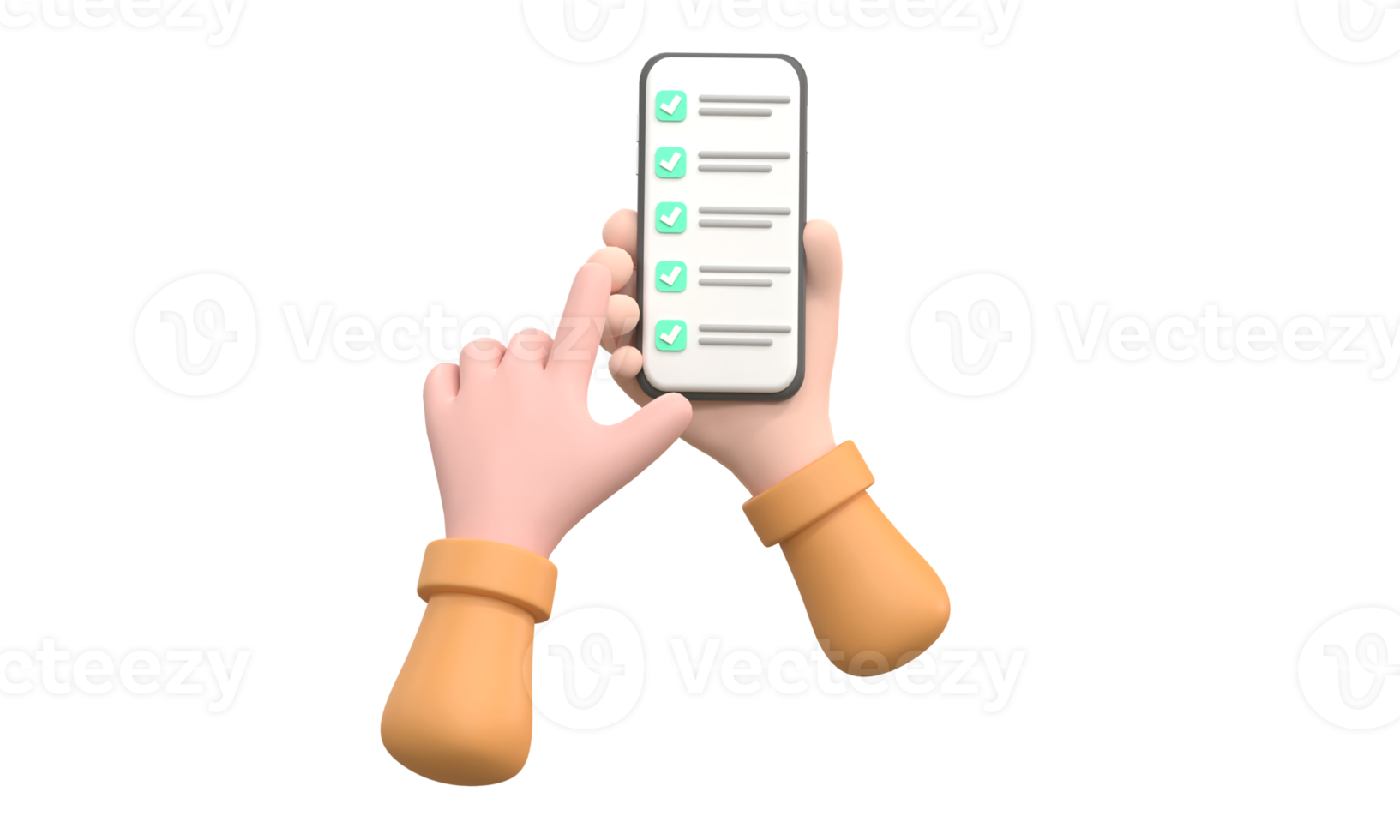 3D. Checklist on smartphone screen. Online survey concept. Hand holds mobile phone and check list. png