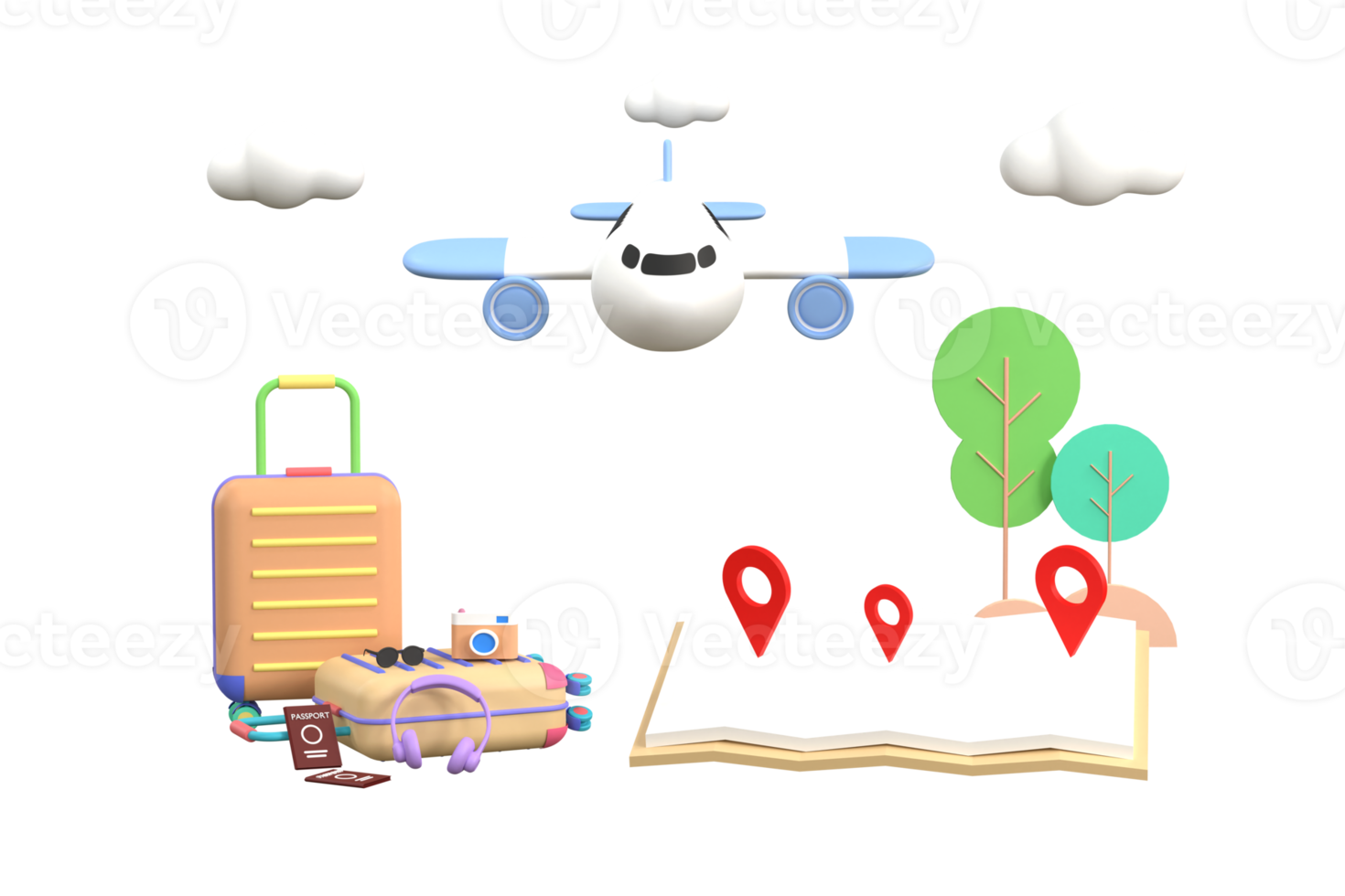 3D. airplane travel tourism plane trip planning world tour luggage with pin location suitcase and map png