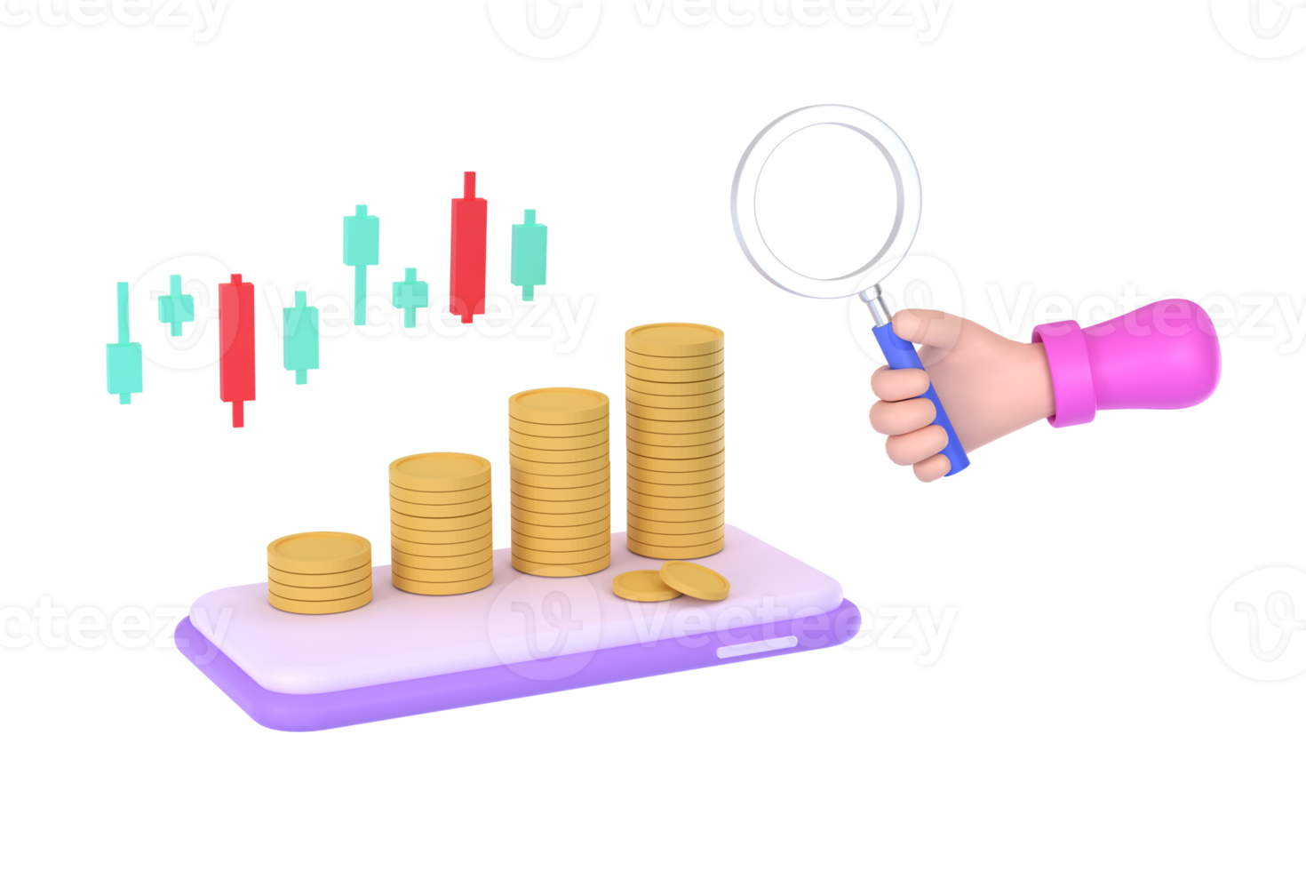 3D. hand holding magnifying glass and coins, graph on a mobile phone concept of financial management png