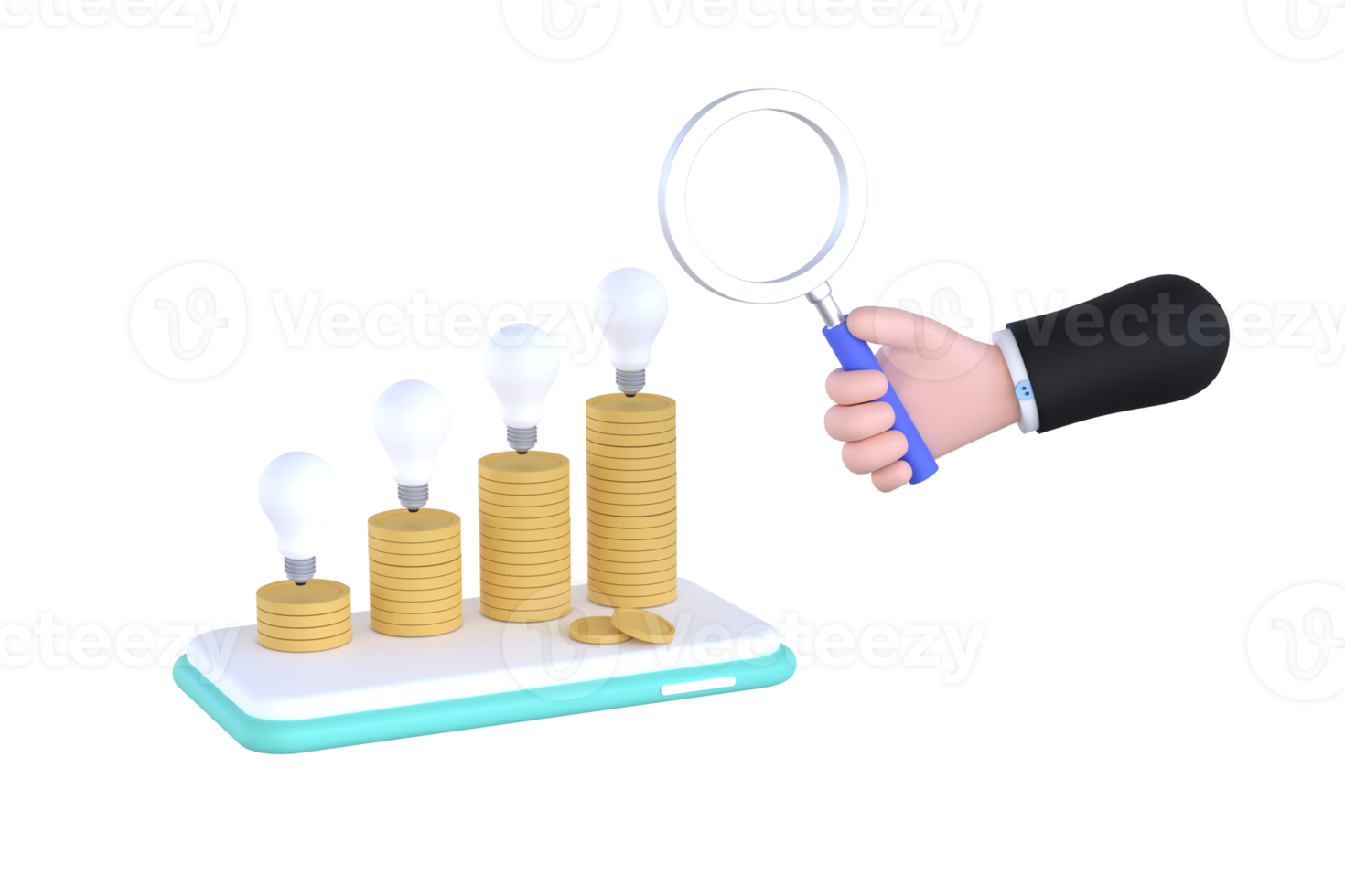 3D. hand holding magnifying glass and coins, light bulbs on a mobile phone concept of financial management png