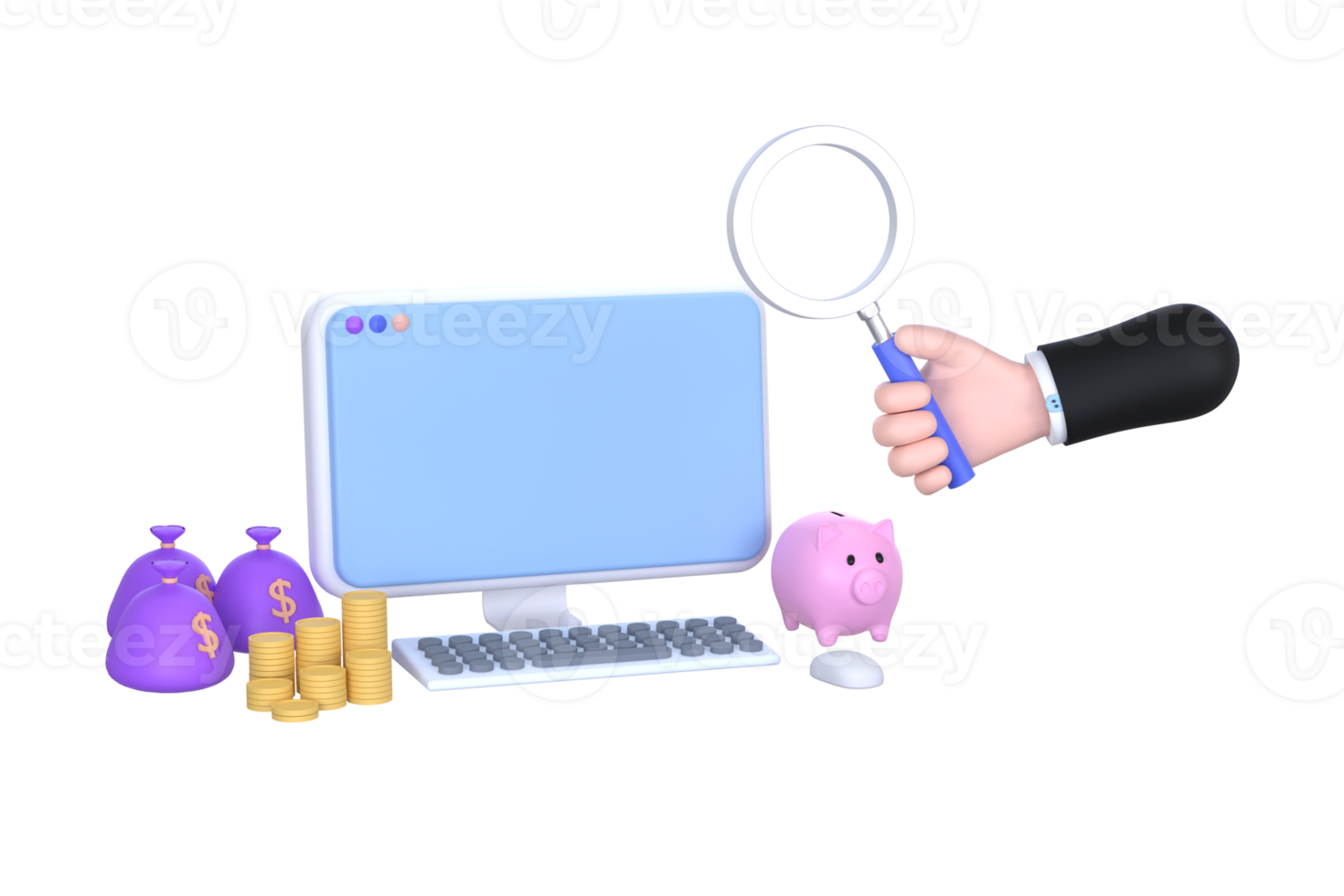 3d. Hand mit Lupe und Computer, ein Sparschwein und ein Haufen Münzen png