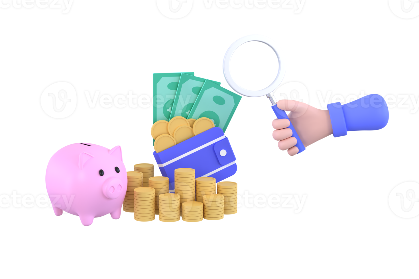 hand holding magnifying glass and Banknotes and coins in wallet with piggy bank. savings idea. png