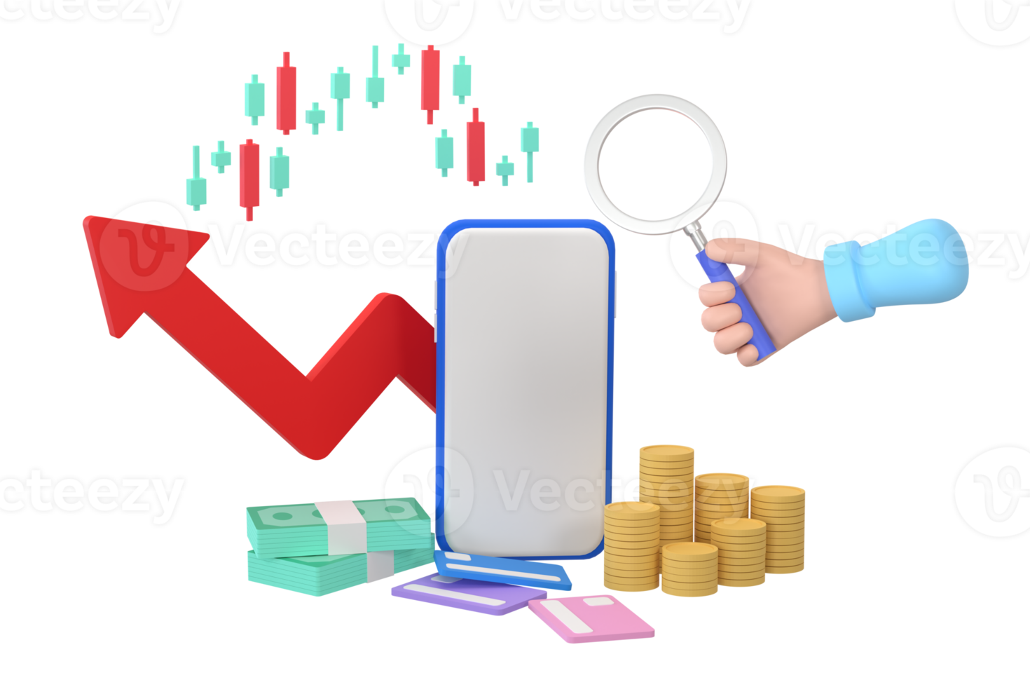 mão segurando a lupa e a tela do smartphone, gráfico de ações e moedas, cartão de crédito. negócios financeiros on-line. png