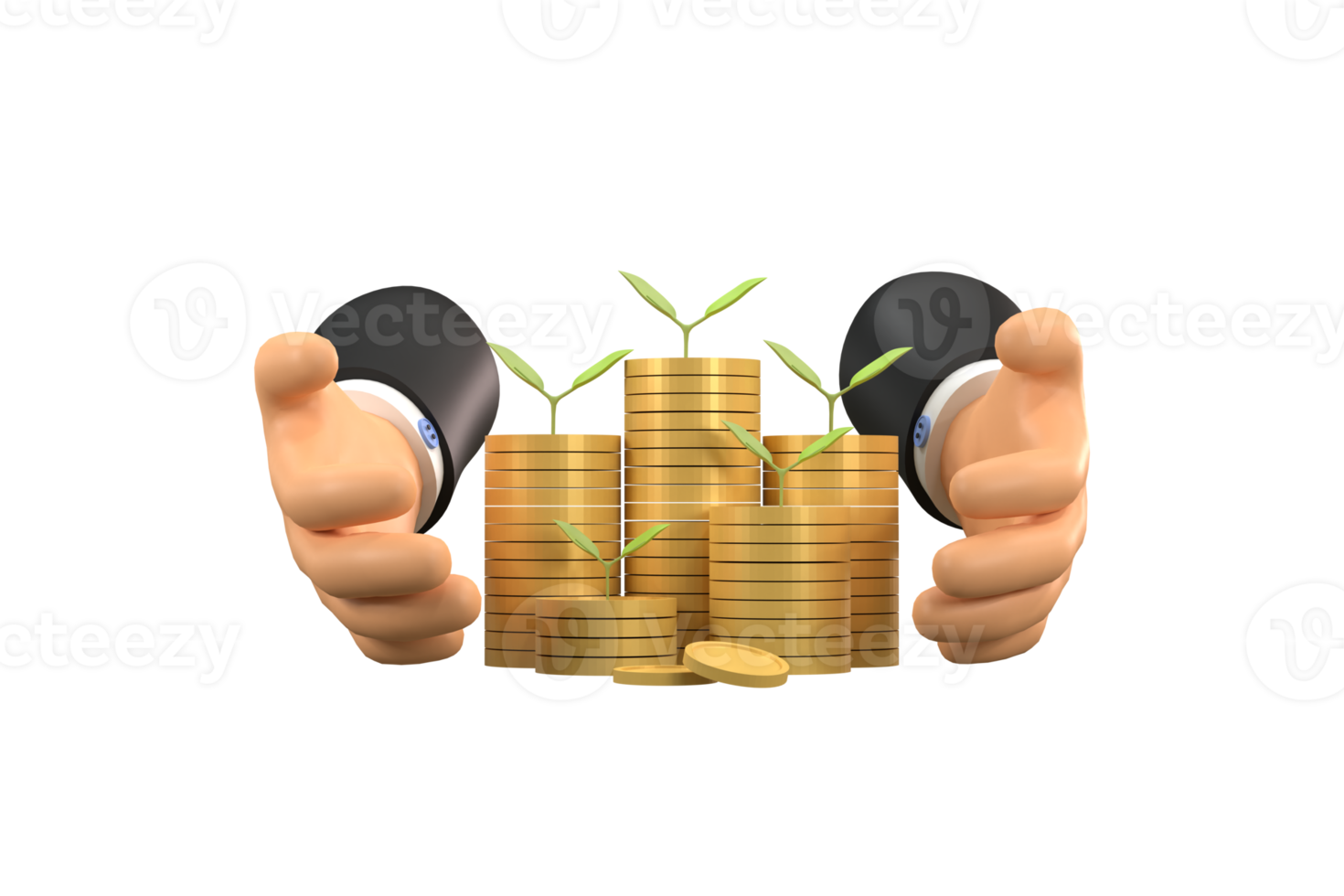 tree growing from pile of coins. Concept of money plant growing from coins in hand png